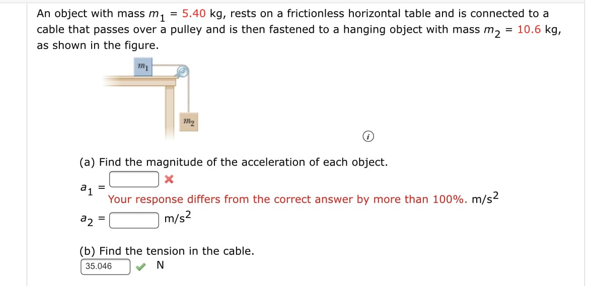 An object with mass m, = 5.40 kg, rests on a frictionless horizontal table and is connected to a
= 10.6 kg,
cable that passes over a pulley and is then fastened to a hanging object with mass m,
as shown in the figure.
(a) Find the magnitude of the acceleration of each object.
a1
Your response differs from the correct answer by more than 100%. m/s²
a2
m/s2
(b) Find the tension in the cable.
35.046
