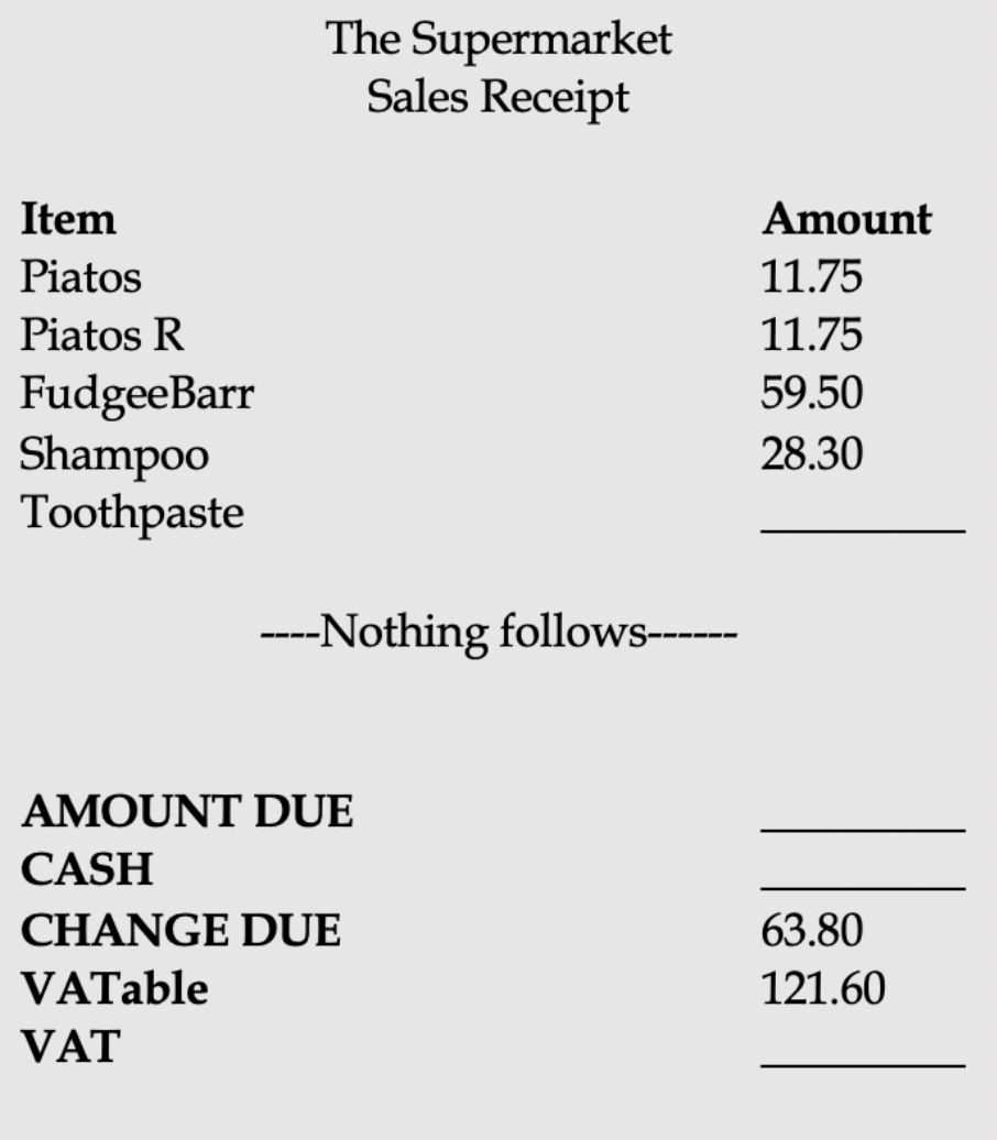 The Supermarket
Sales Receipt
Item
Amount
Piatos
11.75
Piatos R
11.75
FudgeeBarr
Shampoo
Toothpaste
59.50
28.30
---Nothing follows------
AMOUNT DUE
CASH
CHANGE DUE
63.80
VATable
121.60
VAT
