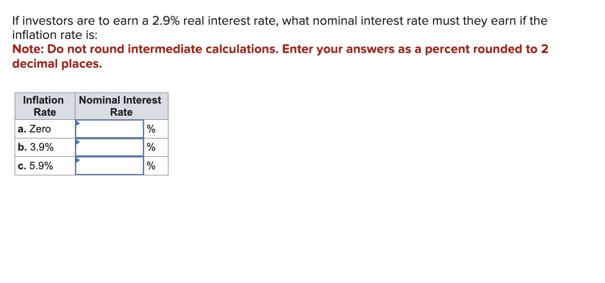 If investors are to earn a 2.9% real interest rate, what nominal interest rate must they earn if the
inflation rate is:
Note: Do not round intermediate calculations. Enter your answers as a percent rounded to 2
decimal places.
Inflation Nominal Interest
Rate
a. Zero
b. 3.9%
c. 5.9%
Rate
%
%
%
