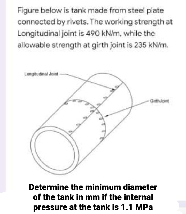 Figure below is tank made from steel plate
connected by rivets. The working strength at
Longitudinal joint is 490 kN/m, while the
allowable strength at girth joint is 235 kN/m.
Longtudnal Joint-
GithJoint
Determine the minimum diameter
of the tank in mm if the internal
pressure at the tank is 1.1 MPa
