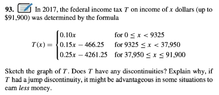 93.
In 2017, the federal income tax T on income of x dollars (up to
$91,900) was determined by the formula
0.10x
for 0 < x < 9325
for 9325 <x < 37,950
0.25x – 4261.25 for 37,950 < x< 91,900
T(x) =
0.15x – 466.25
Sketch the graph of T. Does T have any discontinuities? Explain why,
T had a jump discontinuity, it might be advantageous in some situations to
earn less money.
if
