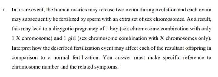 7. In a rare event, the human ovaries may release two ovum during ovulation and each ovum
may subsequently be fertilized by sperm with an extra set of sex chromosomes. As a result,
this may lead to a dizygotic pregnancy of 1 boy (sex chromosome combination with only
1 X chromosome) and 1 girl (sex chromosome combination with X chromosomes only).
Interpret how the described fertilization event may affect each of the resultant offspring in
comparison to a normal fertilization. You answer must make specific reference to
chromosome number and the related symptoms. '
