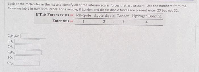 Look at the molecules in the list and identify all of the intermolecular forces that are present. Use the numbers from the
following table in numerical order. For example, if London and dipole-dipole forces are present enter 23 but not 32.
If This Forces exists = ion-dpole dipole-dipole London Hydrogen Bonding
Enter this =
1
2
3.
4
C,H,OH
so,
CH4
so,
OF,
