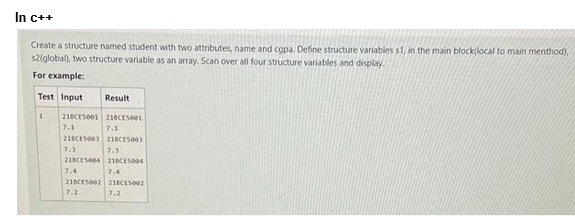 In c++
Create a structure named student with two attributes, name and cgpa. Define structure variables s1, in the main block(local to main menthod),
s2(global), two structure variable as an array. Scan over all four structure variables and display.
For example:
Test Input
1
210CES001
7.1
21BCE5003
7.3
21BCE5004
7.4
Result
218CE5001
7.1
218CE500)
7.3
21BCE5004
7.4
21BCE5002 215002
7.2
7.2