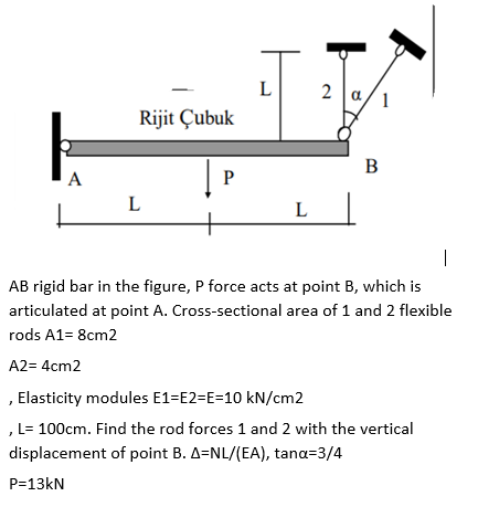 L
2
a
1
Rijit Çubuk
B
A
P
L
L
AB rigid bar in the figure, P force acts at point B, which is
articulated at point A. Cross-sectional area of 1 and 2 flexible
rods A1= 8cm2
A2= 4cm2
, Elasticity modules E1=E2=E=10 kN/cm2
, L= 100cm. Find the rod forces 1 and 2 with the vertical
displacement of point B. A=NL/(EA), tana=3/4
P=13kN
