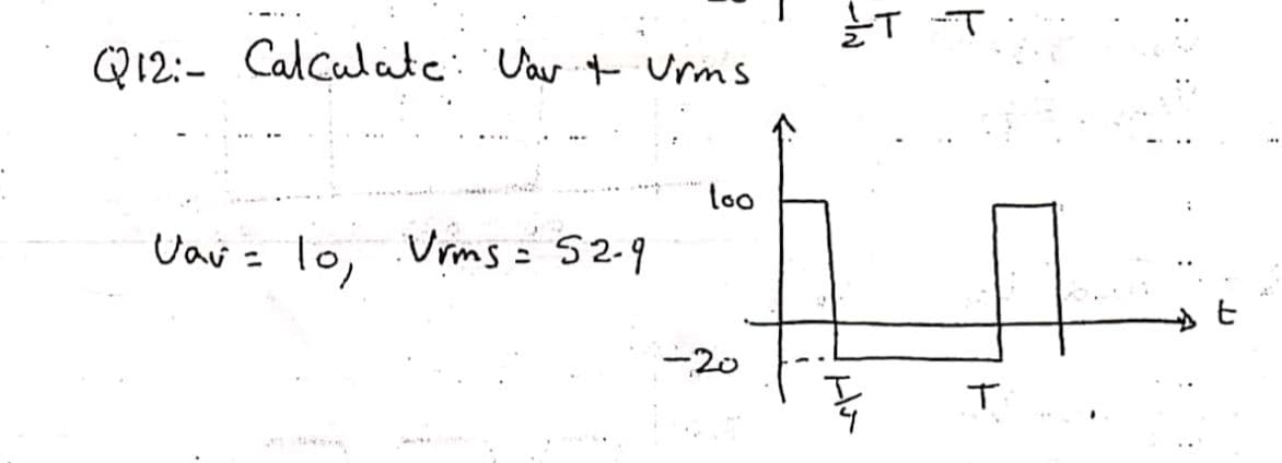 Q12:- Calculate: Var t urms
loo
Vai = lo,
Vrms = 52-9
= 52.9
%3D
-20
