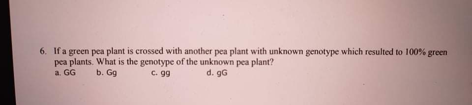 6. If a green pea plant is crossed with another pea plant with unknown genotype which resulted to 100% green
pea plants. What is the genotype of the unknown pea plant?
a. GG
b. Gg
C. gg
d. gG
