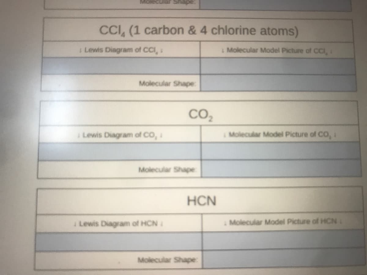 CCI, (1 carbon & 4 chlorine atoms)
I Lewis Diagram of CCI,
I Molecular Model Picture of CCI,
Molecular Shape:
CO,
Lewis Diagram of CO,
Molecular Model Picture of CO, 1
Molecular Shape
HCN
I Lewis Diagram of HCN
Molecular Model Picture of HCN
Molecular Shape:
