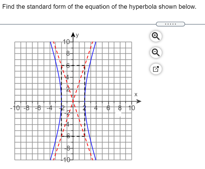 Find the standard form of the equation of the hyperbola shown below.
AY
10-
8-
6-
排
-10-8-6
8 10
74
-8-
40-
