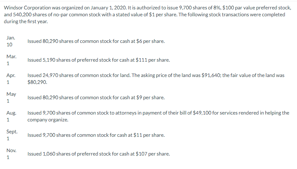 Windsor Corporation was organized on January 1, 2020. It is authorized to issue 9,700 shares of 8%, $100 par value preferred stock,
and 540,200 shares of no-par common stock with a stated value of $1 per share. The following stock transactions were completed
during the first year.
Jan.
Issued 80,290 shares of common stock for cash at $6 per share.
10
Mar.
Issued 5,190 shares of preferred stock for cash at $111 per share.
1
Issued 24,970 shares of common stock for land. The asking price of the land was $91,64O; the fair value of the land was
$80,290.
Apr.
1
May
Issued 80,290 shares of common stock for cash at $9 per share.
1
Aug.
Issued 9,700 shares of common stock to attorneys in payment of their bill of $49,100 for services rendered in helping the
1
company organize.
Sept.
Issued 9,700 shares of common stock for cash at $11 per share.
1
Nov.
Issued 1,060 shares of preferred stock for cash at $107 per share.
1
