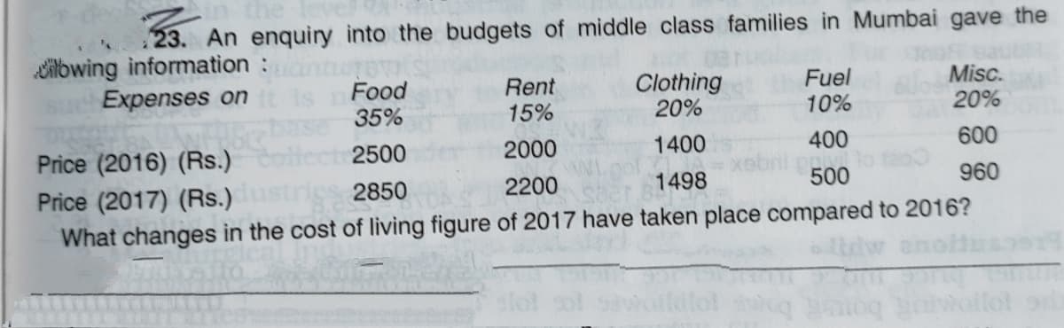 23. An enquiry into the budgets of middle class families in Mumbai gave the
Cilbwing information :
Expenses on
Food
35%
Rent
15%
Clothing
20%
Fuel
10%
Misc.
20%
Price (2016) (Rs.)
2500
2000
1400
400
600
2850
2200
1498
500
960
Price (2017) (Rs.)
What changes in the cost of living figure of 2017 have taken place compared to 2016?
R bons b
