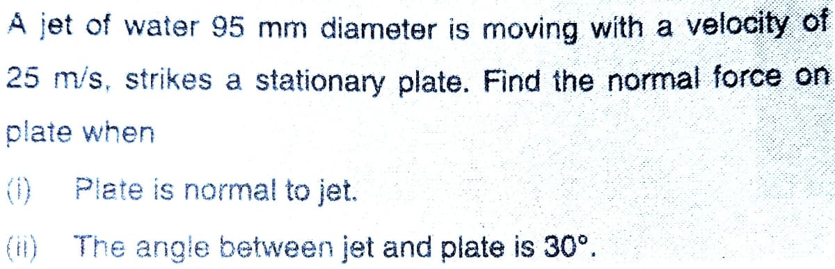 A jet of water 95 mm diameter is moving with a velocity of
25 m/s, strikes a stationary plate. Find the normal force on
plate when
(i)
Plate is normal to jet.
(ii) The angle between jet and plate is 30°.
