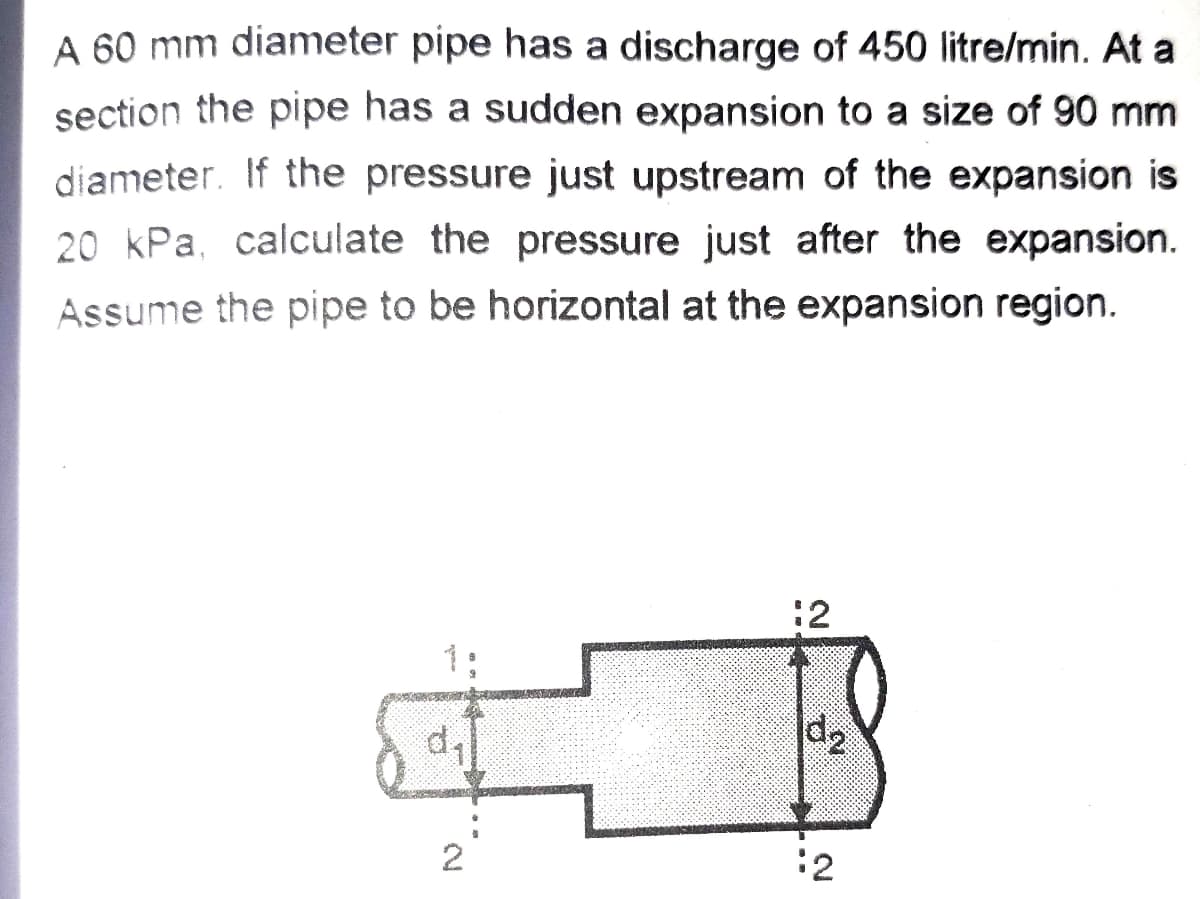 A 60 mm diameter pipe has a discharge of 450 litre/min. At a
section the pipe has a sudden expansion to a size of 90 mm
diameter. If the pressure just upstream of the expansion is
20 kPa, calculate the pressure just after the expansion.
Assume the pipe to be horizontal at the expansion region.
:2
d2
2
:2
