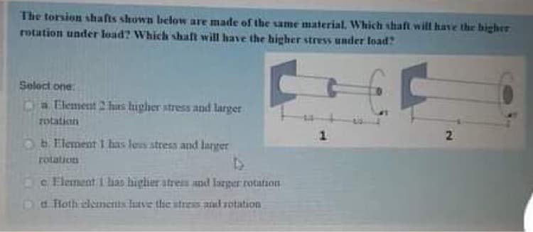 The torsion shafts shown below are made of the same material. Which shaft will have the bigher
rotation under lead? Which shaft will have the higher stress under load?
Select one
Ca Element 2 has higher stress and larger
otation
2.
O b. Element 1 has les stress and larger
rotation
e Element I lhas higlier atre and larger rotation
Dd. Hoth elements ltve tlie stres atud sotation
