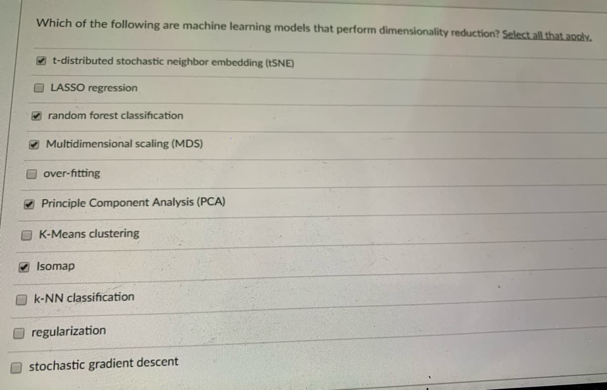 Which of the following are machine learning models that perform dimensionality reduction? Select all that apply.
t-distributed stochastic neighbor embedding (tSNE)
LASSO regression
O random forest classification
O Multidimensional scaling (MDS)
over-fitting
O Principle Component Analysis (PCA)
K-Means clustering
O Isomap
k-NN classification
regularization
stochastic gradient descent
