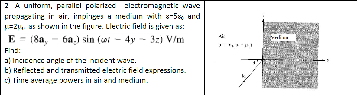 2- A uniform, parallel polarized electromagnetic wave
propagating in air, impinges a medium with ɛ=5ɛ0 and
u=2µ0 as shown in the figure. Electric field is given as:
Air
Medium
Е —
(8а,
6a.) sin (wt – 4y – 3z) V/m
-
(e = E0, u = Lo)
Find:
a) Incidence angle of the incident wave.
b) Reflected and transmitted electric field expressions.
0,
c) Time average powers in air and medium.
