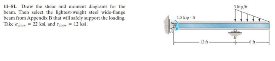 11-51. Draw the shear and moment diagrams for the
beam. Then select the lightest-weight steel wide-flange
beam from Appendix B that will safely support the loading.
Take oallow = 22 ksi, and rallow = 12 ksi.
3 kip/ft
1.5 kip ft
12 ft
6 ft
