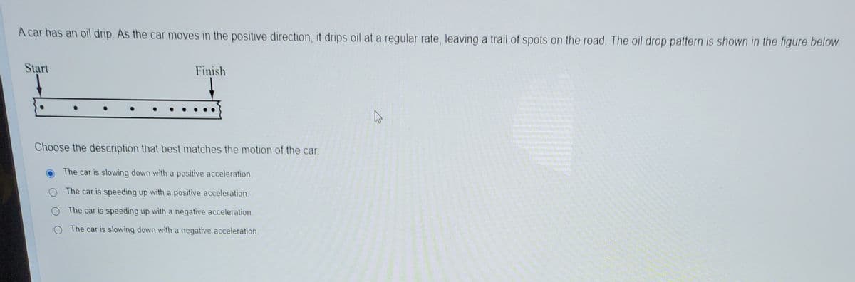 A car has an oil drip. As the car moves in the positive direction, it drips oil at a regular rate, leaving a trail of spots on the road. The oil drop pattern is shown in the figure below.
Start
Finish
Choose the description that best matches the motion of the car.
The car is slowing down with a positive acceleration.
The car is speeding up with a positive acceleration.
The car is speeding up with a negative acceleration.
The car is slowing down with a negative acceleration.
