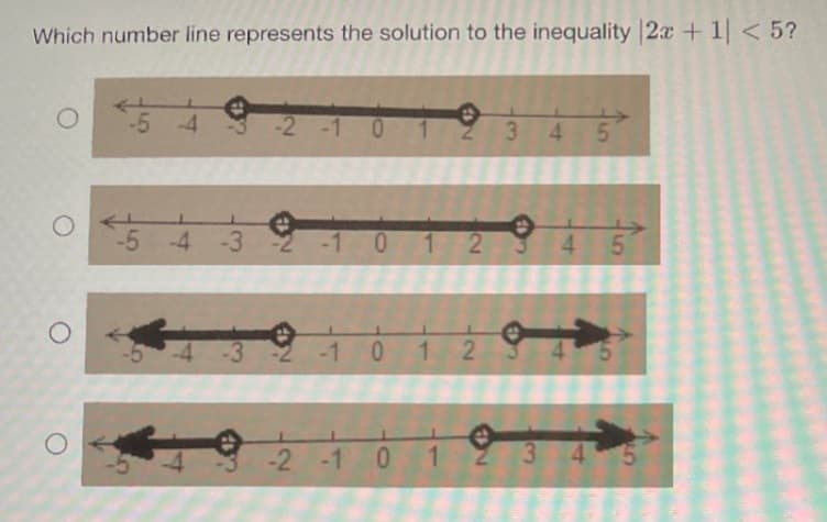Which number line represents the solution to the inequality 2x + 1 < 5?
-5 4
-2 -1 0
1.
4 5
-5 -4
-3
0.
1 2
4 5
-4
-3
-1
1 2
-2 -1 0 1
3 4
