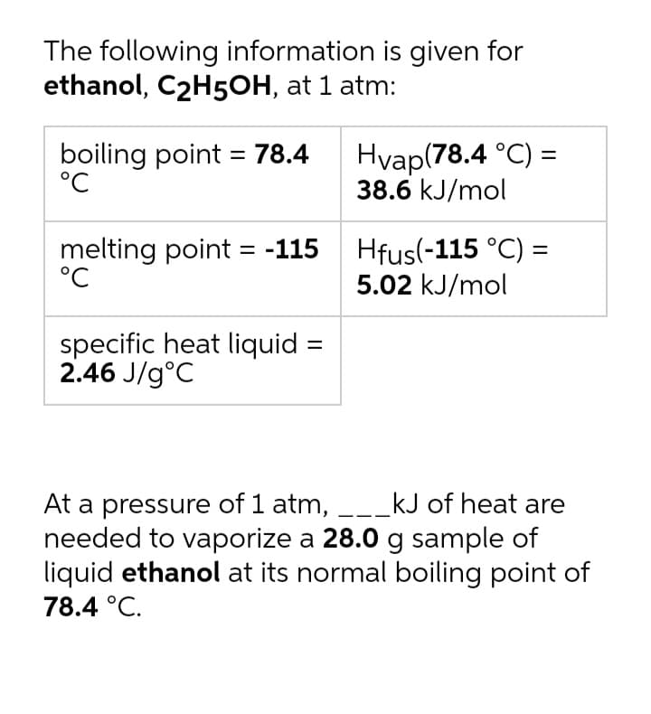 The following information is given for
ethanol, C2H5OH, at 1 atm:
boiling point = 78.4 Hvap(78.4 °C) =
°C
38.6 kJ/mol
melting point = -115 Hfus(-115 °C) =
°C
5.02 kJ/mol
specific heat liquid =
2.46 J/g°C
At a pressure of 1 atm, __kJ of heat are
needed to vaporize a 28.0 g sample of
liquid ethanol at its normal boiling point of
78.4 °C.
