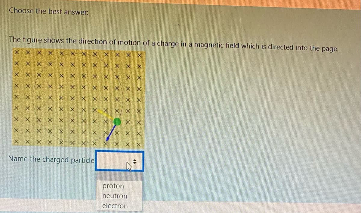 Choose the best answer:
The figure shows the direction of motion of a charge in a magnetic field which is directed into the page.
X X X
Name the charged particle
proton
neutron
electron
X X
X X X
X X X
X X
X X X X
X X
X X
X X X X X X X
X X
X X X X
X X X
X X X
X X X X
X X
