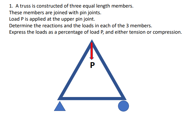 1. A truss is constructed of three equal length members.
These members are joined with pin joints.
Load P is applied at the upper pin joint.
Determine the reactions and the loads in each of the 3 members.
Express the loads as a percentage of load P, and either tension or compression.
P
