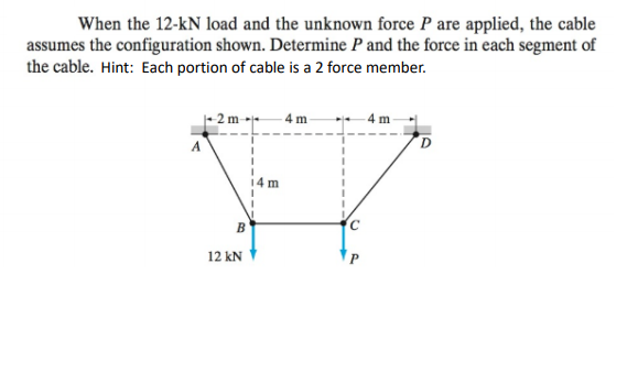 When the 12-kN load and the unknown force P are applied, the cable
assumes the configuration shown. Determine P and the force in each segment of
the cable. Hint: Each portion of cable is a 2 force member.
- 4 m
D
14 m
B
12 kN
