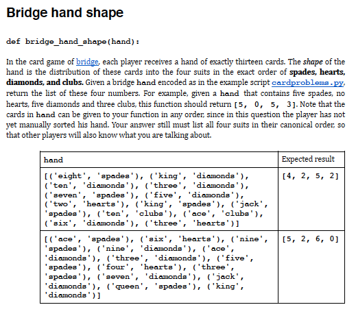 Bridge hand shape
def bridge_hand_shape(hand) :
In the card game of bridge, each player receives a hand of exactly thirteen cards. The shape of the
hand is the distribution of these cards into the four suits in the exact order of spades, hearts,
diamonds, and clubs. Given a bridge hand encoded as in the example script cardproblems.py,
return the list of these four numbers. For example, given a hand that contains five spades, no
hearts, five diamonds and three clubs, this function should return [5, 0, 5, 3]. Note that the
cards in hand can be given to your function in any order, since in this question the player has not
yet manually sorted his hand. Your answer still must list all four suits in their canonical order, so
that other players will also know what you are talking about.
hand
Expected result
[('eight', 'spades'), ('king', 'diamonds'),
('ten', 'diamonds'), ('three',
('seven', 'spades'), ('five', 'diamonds'),
('two', 'hearts'), ('king', 'spades'), ('jack',
'spades'), ('ten', 'clubs'), ('ace', 'clubs'),
('six', 'diamonds'), ('three', 'hearts')]
[4, 2, 5, 2]
'diamonds' ),
[('ace', 'spades'), ('six', 'hearts'), ('nine',
'spades'), ('nine', 'diamonds'), ('ace',
'diamonds'), ('three', 'diamonds'), ('five',
'spades'), ('four'
'spades'), ('seven',
'diamonds'), ('queen', 'spades'), ('king',
diamonda')]
[5, 2, 6, 0]
'hearts'), ('three'
'diamonds'), ('jack',
