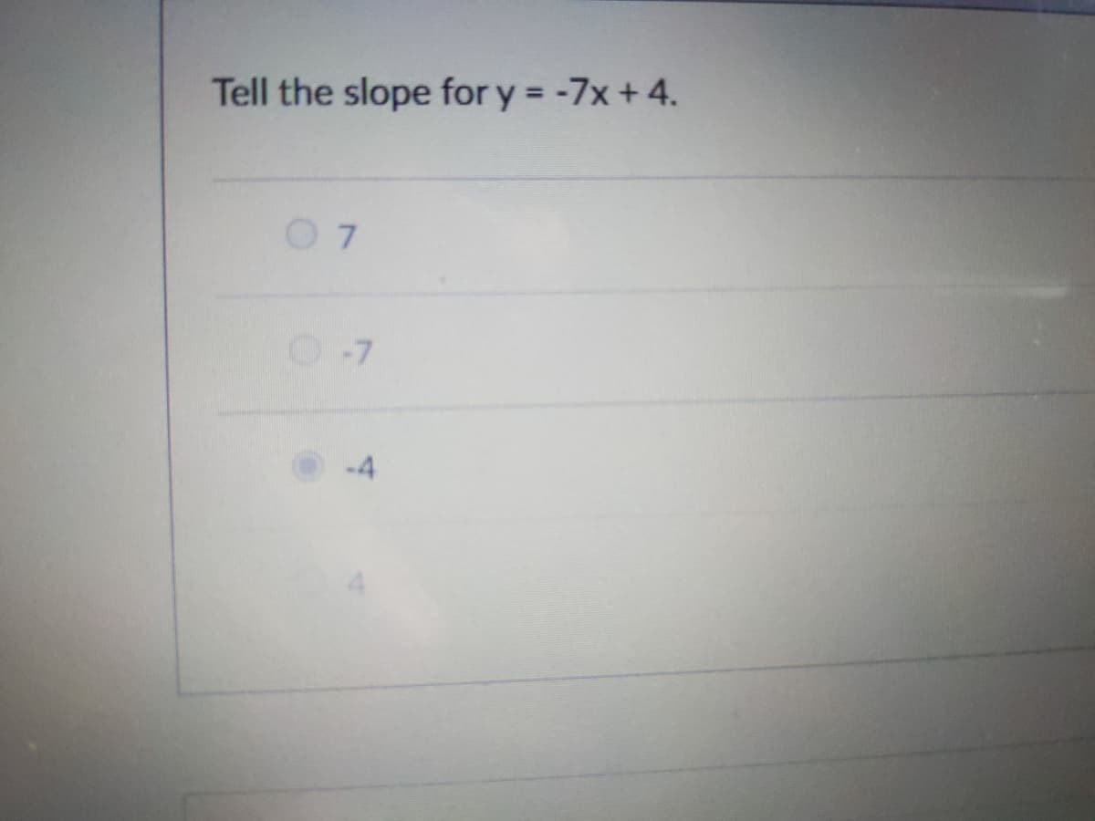 Tell the slope for y = -7x +4.
0 7
O-7
-4
