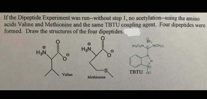 If the Dipeptide Experiment was run--without step 1, no acetylation--using the amino
acids Valine and Methionine and the same TBTU coupling agent. Four dipeptides were
formed. Draw the structures of the four dipeptides.
(H,C),N N(CH,lz
H3N.
H3N.
No
-S.
TBTU .
Valine
Methionine
