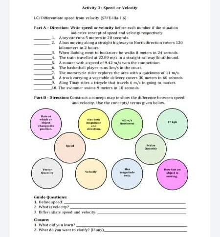 Activity 2: Speed or Velocity
LC: Differentiate speed from velocity (S7FE-lla 1.6)
Part A- Direction Write spred or velacity before each number if the situation
indicates concept of speed and velocity respectively.
1. A toy car runs 5 meters in 20 seconds.
2. A bus moving along a straight highway to North direction covers 120
kilameters in 2 lhours.
3. When Hatong went to bookstore he walks t meters in 24 seconds
4. The train travelled at 2249 m/s in a straight ralway Southbound.
5. A runner with a speed of 9.42 m/s wun the competition.
6. The hasketball player runs 3m/s in the ceurt.
7. The motorcycle rider explares the area with a uickness of 11 m/s
I. A truck carrying a vegetable delivery covers 10 meters in 60 seconds.
9. Aling Tinay rides a tricycle that travels 6 m/s in guing to market
10. The swimmer swims 9 mnters in 10 secnds
Part - Direction: Construct a concept map te show the difference betwenn speed
and velocity. tise the cuncepts/ terms given below.
Maie at
whh an
Nertt
hiet
hange
peiton
magnitude
and
direton
Speed
Quantity
Mas
migtate
ty
ow test an
sbject
sing
Verter
Vetty
Giuide Questions:
1. Define speed.
2. What is velacity?
3. Differentiate speed and velucity.
Closure
1. What did yn learn?
2. What de you want to ctarify? (If any)
