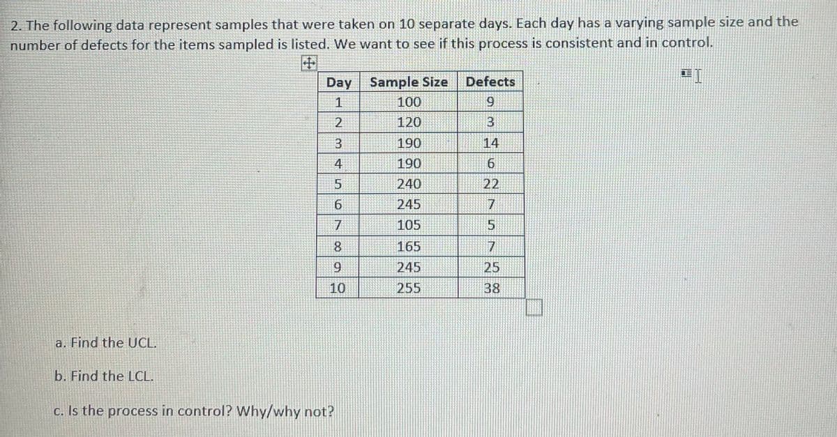 2. The following data represent samples that were taken on 10 separate days. Each day has a varying sample size and the
number of defects for the items sampled is listed. We want to see if this process is consistent and in control.
Day Sample Size
Defects
100
6.
2
120
3.
190
14
4
190
240
22
6.
245
7
105
165
9.
245
25
10
255
38
a. Find the UCL.
b. Find the LCL.
c. Is the process in control? Why/why not?
