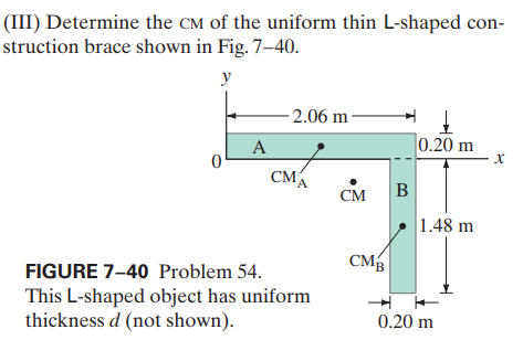 (III) Determine the CM of the uniform thin L-shaped con-
struction brace shown in Fig. 7–40.
y
- 2.06 m -
A
0.20 m
CMA
CM
B
1.48 m
CMg
FIGURE 7-40 Problem 54.
This L-shaped object has uniform
thickness d (not shown).
0.20 m
