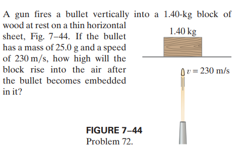 A gun fires a bullet vertically into a 1.40-kg block of
wood at rest on a thin horizontal
1.40 kg
sheet, Fig. 7–44. If the bullet
has a mass of 25.0 g and a speed
of 230 m/s, how high will the
block rise into the air after
δυ=230 m/s
the bullet becomes embedded
in it?
FIGURE 7-44
Problem 72.
