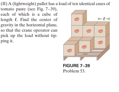 (II) A (lightweight) pallet has a load of ten identical cases of
tomato paste (see Fig. 7–39),
each of which is a cube of
length l. Find the center of
gravity in the horizontal plane,
so that the crane operator can
pick up the load without tip-
ping it.
FIGURE 7-39
Problem 53.
