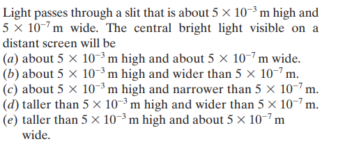 Light passes through a slit that is about 5 × 10-³ m high and
5 × 10-7m wide. The central bright light visible on a
distant screen will be
(a) about 5 x 10-³m high and about 5 × 10-7 m wide.
(b) about 5 x 10-³m high and wider than 5 x 10-7 m.
(c) about 5 × 10-³ m high and narrower than 5 × 10-7m.
(d) taller than 5 x 10-3 m high and wider than 5 x 10-7 m.
(e) taller than 5 × 10-³ m high and about 5 × 10-7 m
wide.
