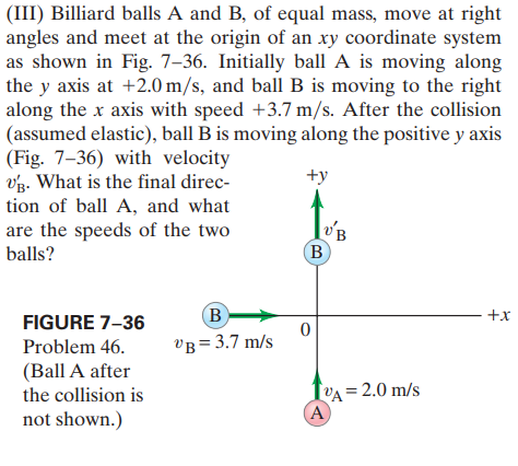 (III) Billiard balls A and B, of equal mass, move at right
angles and meet at the origin of an xy coordinate system
as shown in Fig. 7–36. Initially ball A is moving along
the y axis at +2.0 m/s, and ball B is moving to the right
along the x axis with speed +3.7 m/s. After the collision
(assumed elastic), ball B is moving along the positive y axis
(Fig. 7–36) with velocity
V'g. What is the final direc-
tion of ball A, and what
+y
are the speeds of the two
balls?
'B
B
B)
+x
FIGURE 7-36
Problem 46.
в 3 3.7 m/s
(Ball A after
the collision is
[VA = 2.0 m/s
(A
not shown.)
