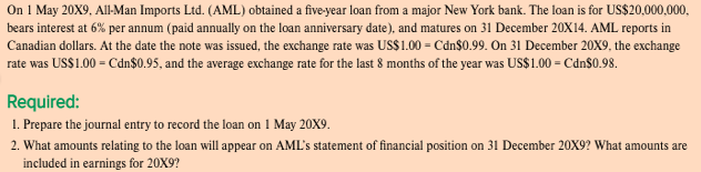 On 1 May 20X9, All-Man Imports Ltd. (AML) obtained a five-year loan from a major New York bank. The loan is for US$20,000,000,
bears interest at 6% per annum (paid annually on the loan anniversary date), and matures on 31 December 20X14. AML reports in
Canadian dollars. At the date the note was issued, the exchange rate was US$1.00 = Cdn$0.99. On 31 December 20X9, the exchange
rate was US$1.00 = Cdn$0.95, and the average exchange rate for the last 8 months of the year was US$1.00 = Cdn$0.98.
Required:
1. Prepare the journal entry to record the loan on 1 May 20X9.
2. What amounts relating to the loan will appear on AML's statement of financial position on 31 December 20X9? What amounts are
included in earnings for 20X9?