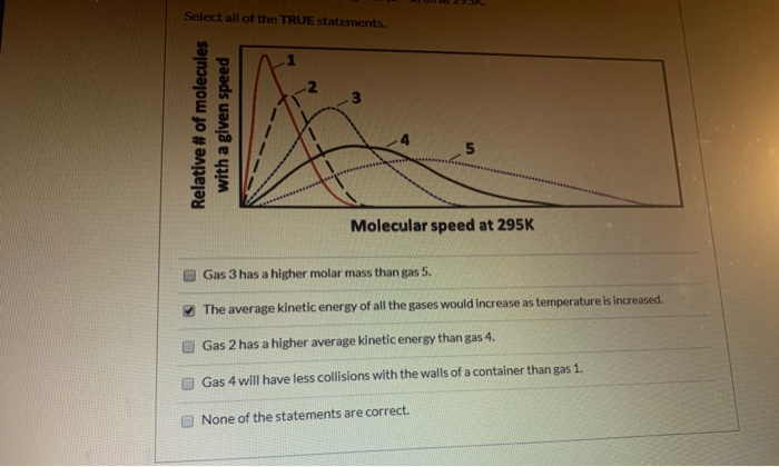 Select all of the TRUE statements.
Relative # of molecules
with a given speed
Molecular speed at 295K
Gas 3 has a higher molar mass than gas 5.
The average kinetic energy of all the gases would increase as temperature is increased.
Gas 2 has a higher average kinetic energy than gas 4.
Gas 4 will have less collisions with the walls of a container than gas 1.
None of the statements are correct.