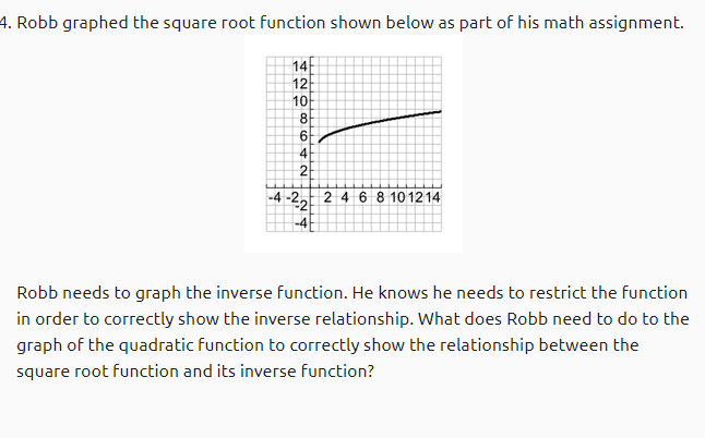 4. Robb graphed the square root function shown below as part of his math assignment.
10
8
6
2
-4 -22
2 4 6 8 10 12 14
Robb needs to graph the inverse function. He knows he needs to restrict the function
in order to correctly show the inverse relationship. What does Robb need to do to the
graph of the quadratic function to correctly show the relationship between the
square root function and its inverse function?
420 o64 2 N4
