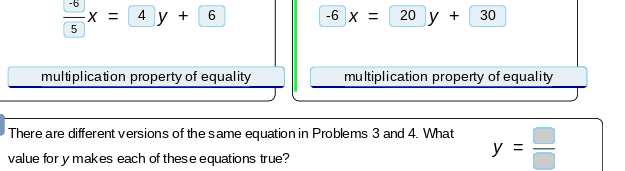 x = 4 y +
6
-6 x =
20 y + 30
multiplication property of equality
multiplication property of equality
There are different versions of the same equation in Problems 3 and 4. What
y =
value for y makes each of these equations true?
