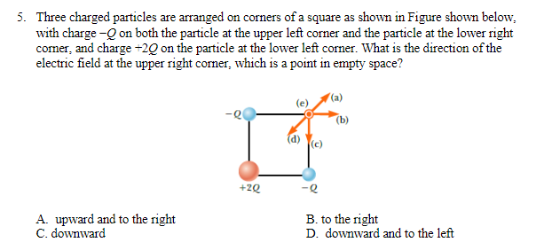 5. Three charged particles are arranged on corners of a square as shown in Figure shown below.
with charge -Q on both the particle at the upper left corner and the particle at the lower right
corner, and charge +20 on the particle at the lower left corner. What is the direction of the
electric field at the upper right corner, which is a point in empty space?
(b)
+2Q
B. to the right
A. upward and to the right
C. downward
D. downward and to the left
