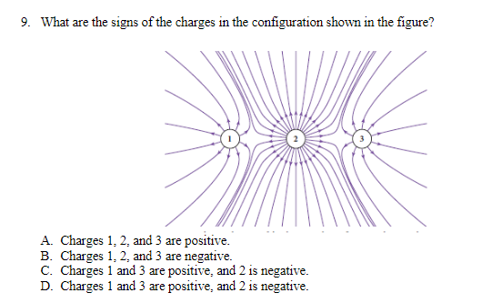 9. What are the signs of the charges in the configuration shown in the figure?
A. Charges 1, 2, and 3 are positive.
B. Charges 1, 2, and 3 are negative.
C. Charges 1 and 3 are positive, and 2 is negative.
D. Charges 1 and 3 are positive, and 2 is negative.