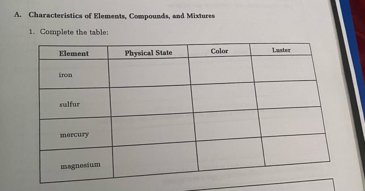 A. Characteristics of Elements, Compounds, and Mixtures
1. Complete the table:
Color
Luster
Element
Physical State
iron
sulfur
mercury
magnesium
