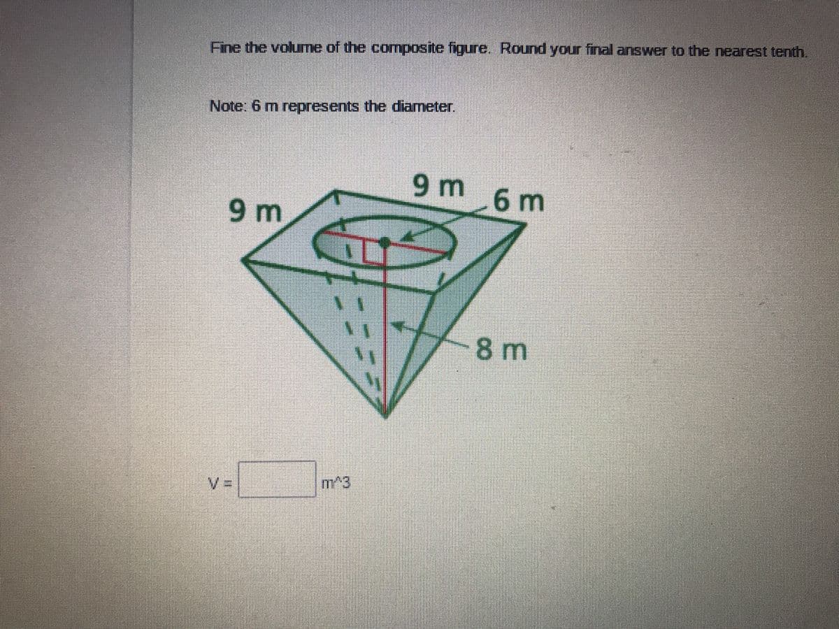 Fine the volume of the composite figure. Round your final answer to the nearest tenth.
Note: 6 m represents the diameter.
9m 6m
9 m
8 m
%3D
m^3
