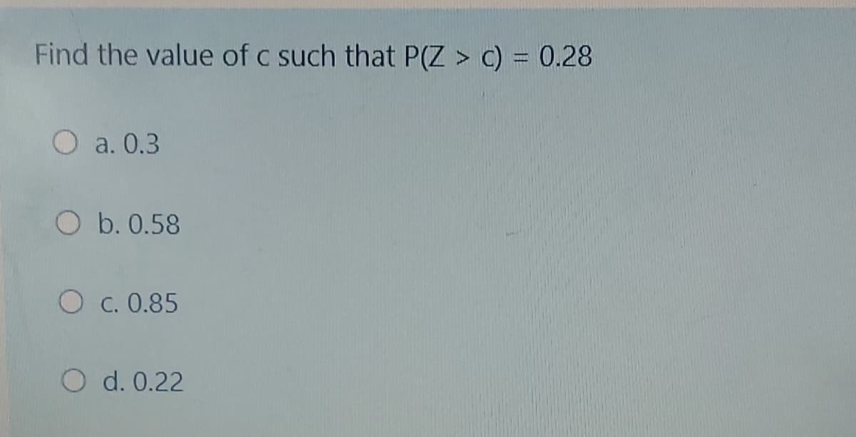 Find the value of c such that P(Z > c) = 0.28
O a. 0.3
O b. 0.58
O c. 0.85
O d. 0.22
