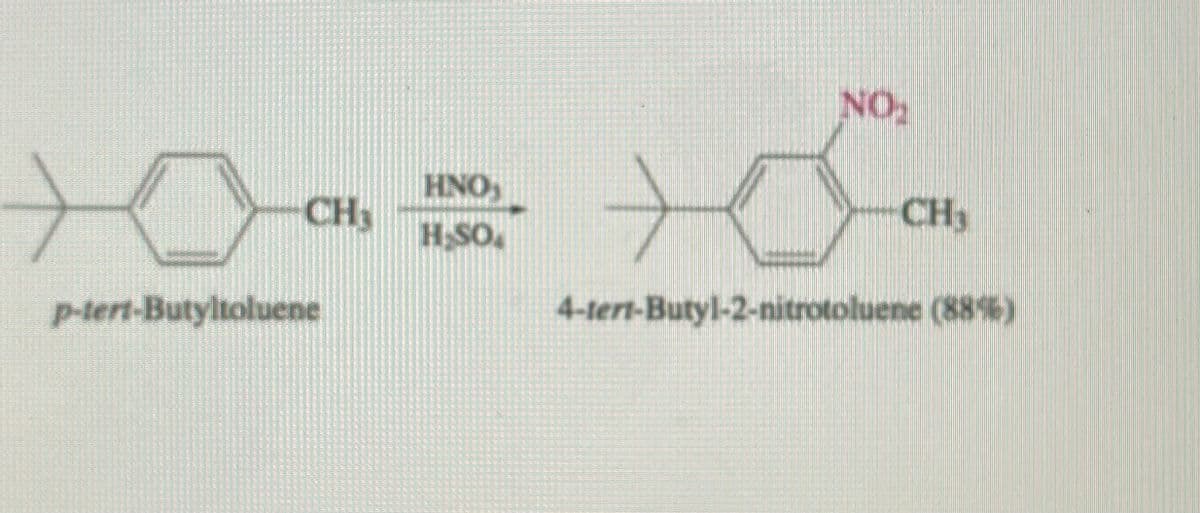 CH₂
p-tert-Butyltoluene
HNO,
H₂SO.
>
NO₂
CH₂
4-tert-Butyl-2-nitrotoluene (88%)