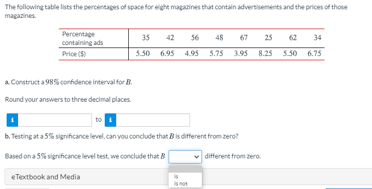 The following table lists the percentages of space for eight magazines that contain advertisements and the prices of those
magazines.
Percentage
35
42
56
48
67
25
62
34
containing ads
Price ($)
5.50
6.95
4.95
5.75
3.95
8.25
5.50
6.75
a. Construct a 98% confidence interval for B.
Round your answers to three decimal places.
to
b. Testing at a 5% significance level, can you conclude that Bis different from zero?
Based on a 5% significance level test, we conclude that B
different from zero.
is
is not
eTextbook and Media
