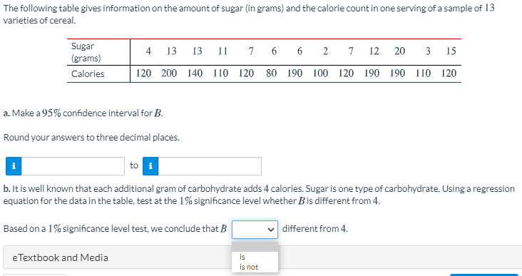 The following table gives information on the amount of sugar (in grams) and the calorie count in one serving of a sample of 13
varieties of cereal.
Sugar
4
13
13 11
7
6
6
7
12 20
3
15
(grams)
Calories
120 200 140 110 120 80 190 100 120 190 190 110 120
a. Make a 95% confidence interval for B.
Round your answers to three decimal places.
to i
b. It is well known that each additional gram of carbohydrate adds 4 calories. Sugar is one type of carbohydrate. Using a regression
equation for the data in the table, test at the 1% significance level whether Bis different from 4.
Based on a 1% significance level test, we conclude that B
v different from 4.
eTextbook and Media
is
is not
