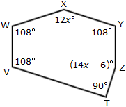 X
12x°
W
108°
Y
108°
108°
(14x - 6)°) z
V
90°
